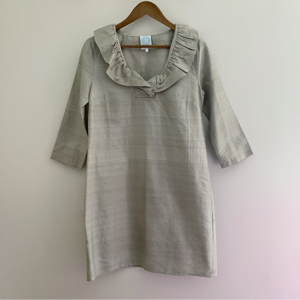 Devon Baer Striped Ruffle Collar Silk Twill Dress Small Coastal Preppy